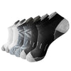 A pack of six athletic mesh ankle socks in various shades of gray and black, laid out for display.