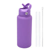 A purple stainless steel vacuum flask water bottle with a hinged lid and a metal straw attached.
