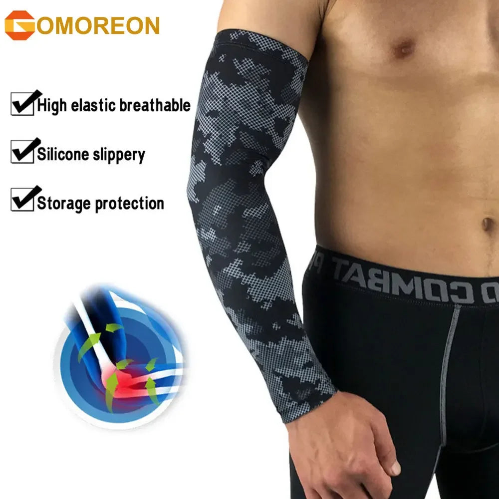 Black elastic breathable silicone compression arm sleeve worn on an arm.