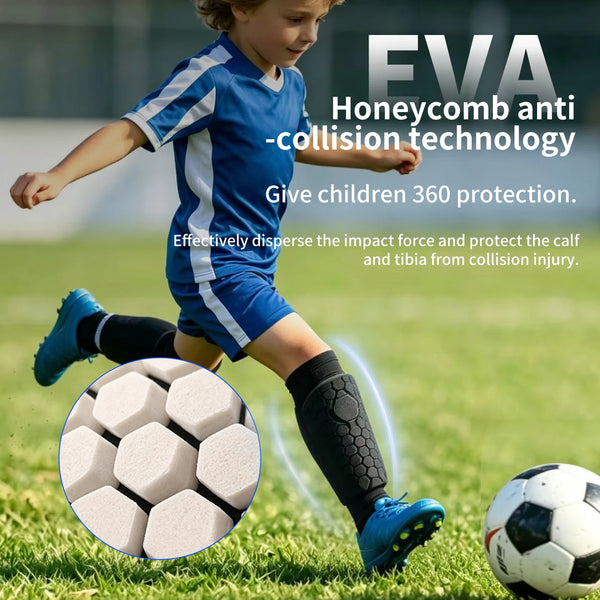 A child wearing blue soccer attire is running on a field, demonstrating the protection of Honeycomb anti-collision technology