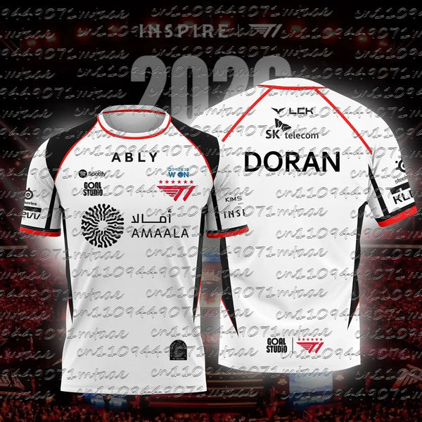 A white esports team jersey with red and black accents featuring the name DORAN on the front.