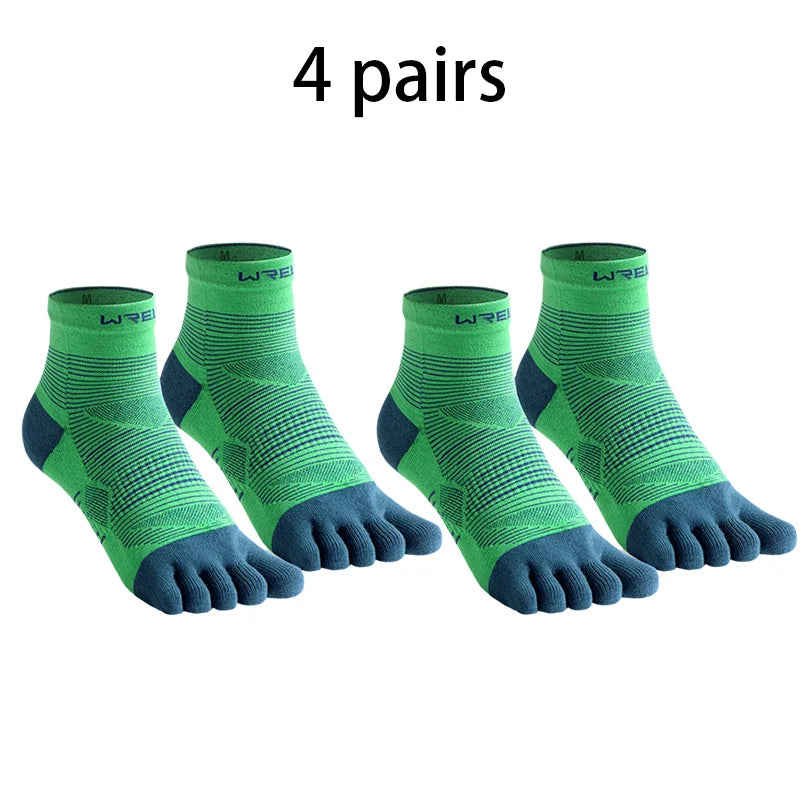 Four pairs of green compression socks with black toes displayed on a white background.