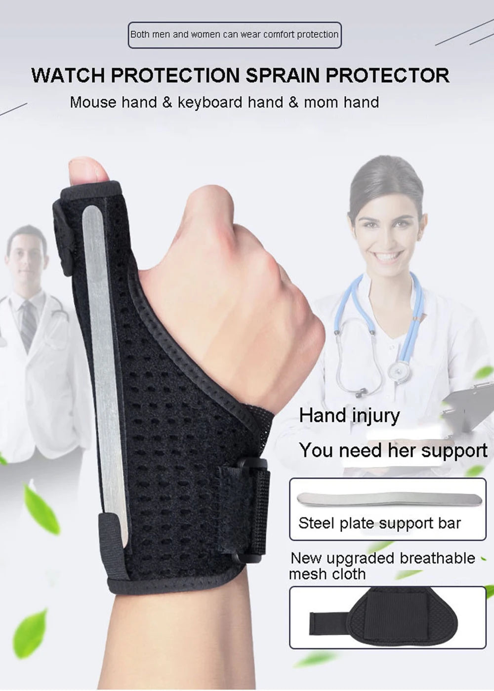 A black wrist and thumb support brace designed for hand injury protection.