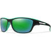 A pair of green polarized cycling sunglasses with black frames and silver accents.