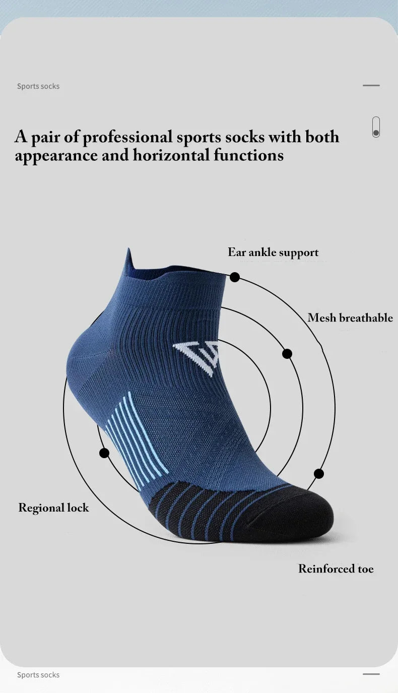 Navyblaue Sportsocken mit Ohr- und Knöchelunterstützung, Mesh-Atmungsfähigkeit, regionaler Verriegelung und verstärkter Zehen