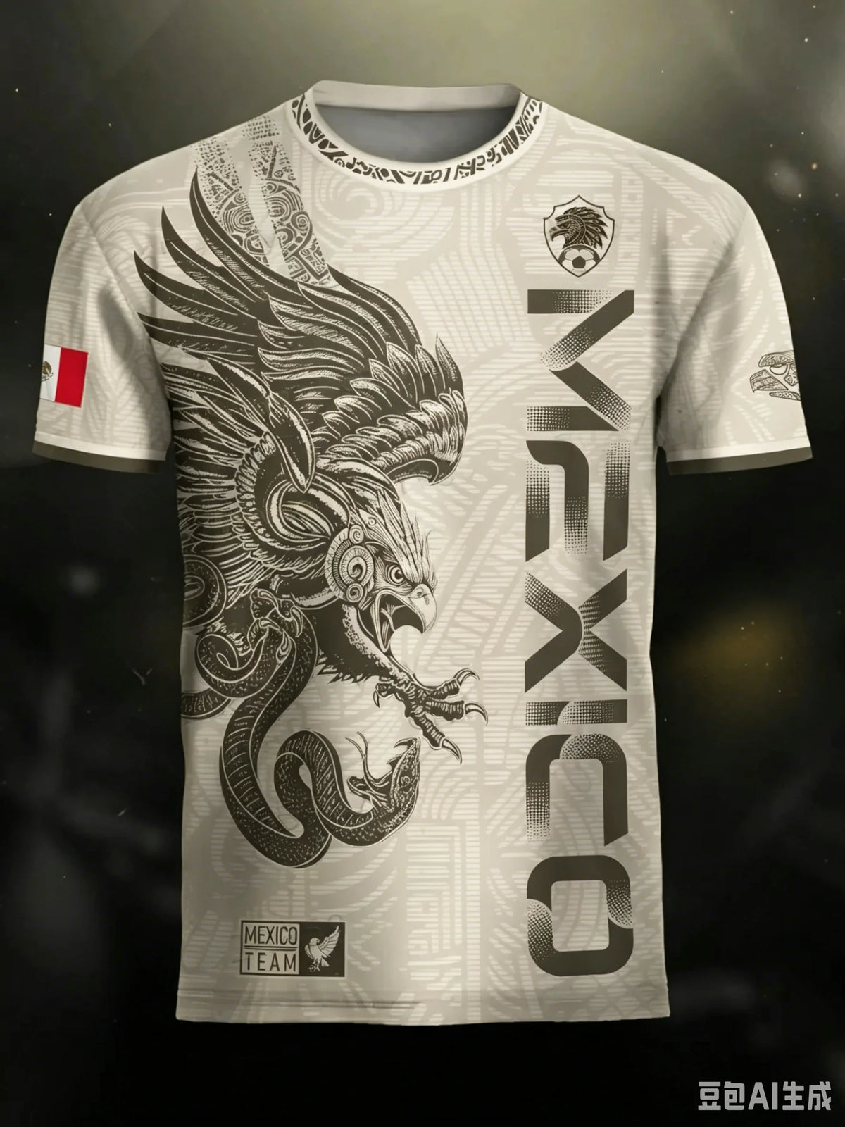 A white soccer jersey featuring a black eagle design and the word MEXICO printed on the front.