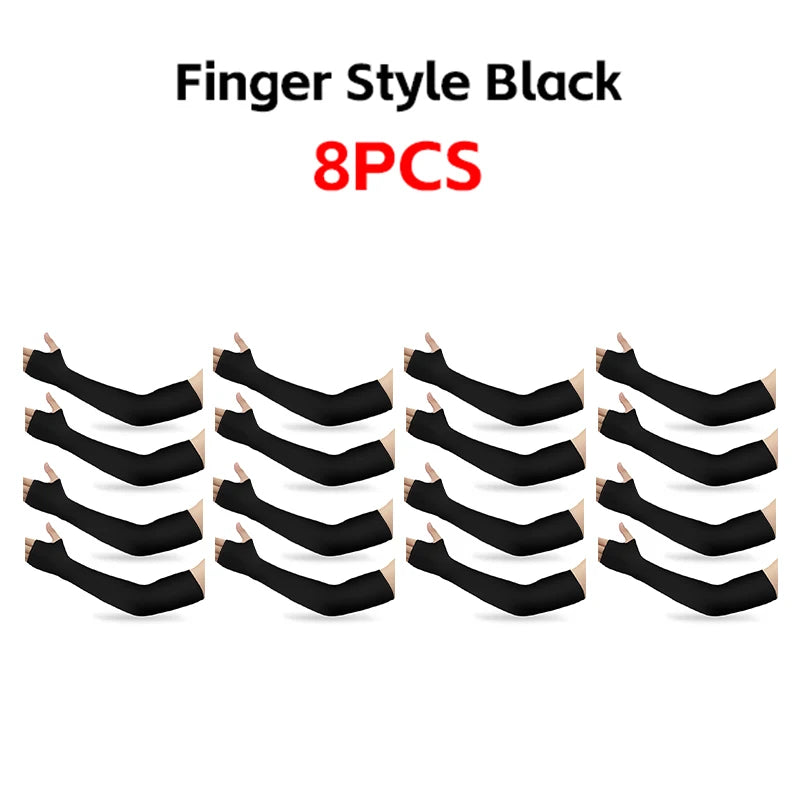 Eight black finger style arm sleeves for UV protection and warmth