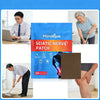 A package of sciatic nerve patch for muscle relaxation shown next to people applying or using the patches on their legs.
