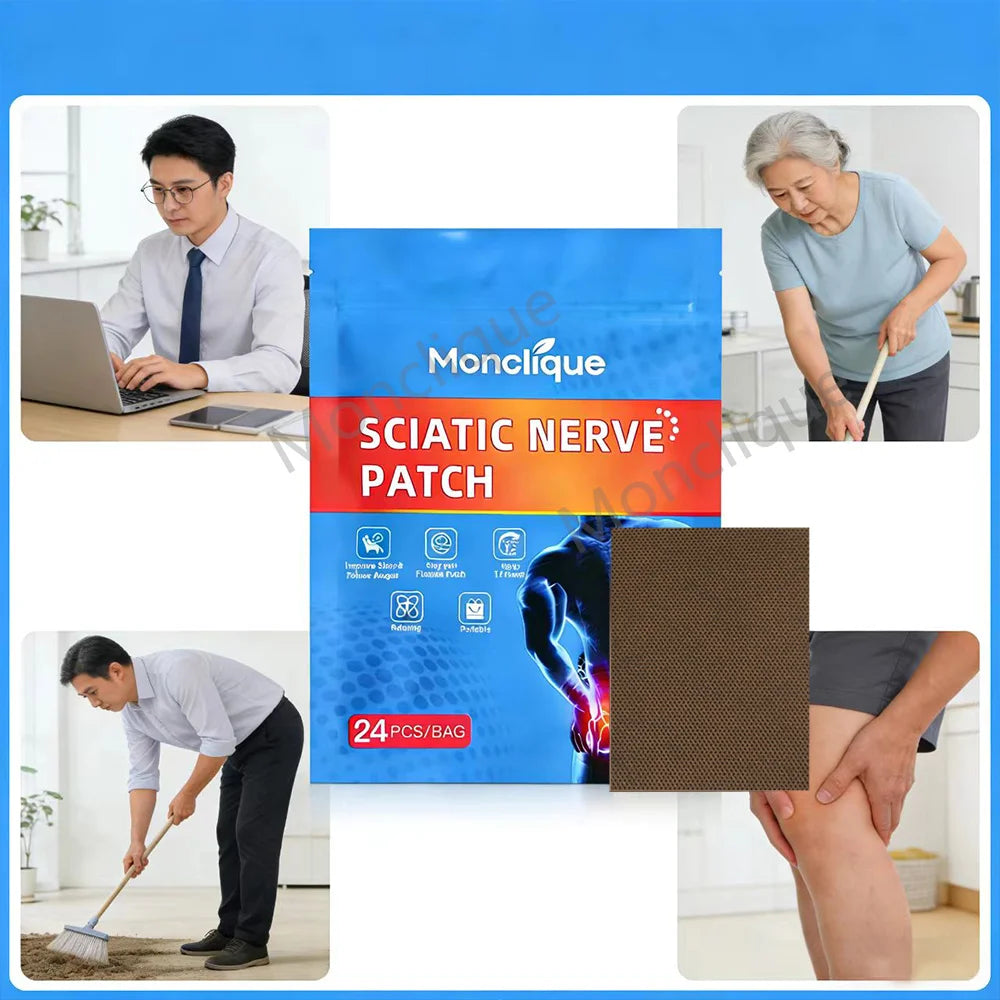 A package of sciatic nerve patch for muscle relaxation shown next to people applying or using the patches on their legs.