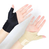 A hand wearing a black wrist support brace and another hand showing the brace on the thumb area.