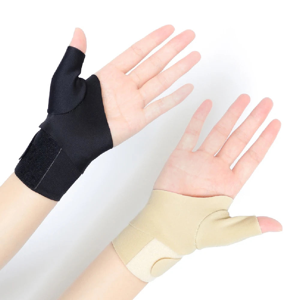 A hand wearing a black wrist support brace and another hand showing the brace on the thumb area.