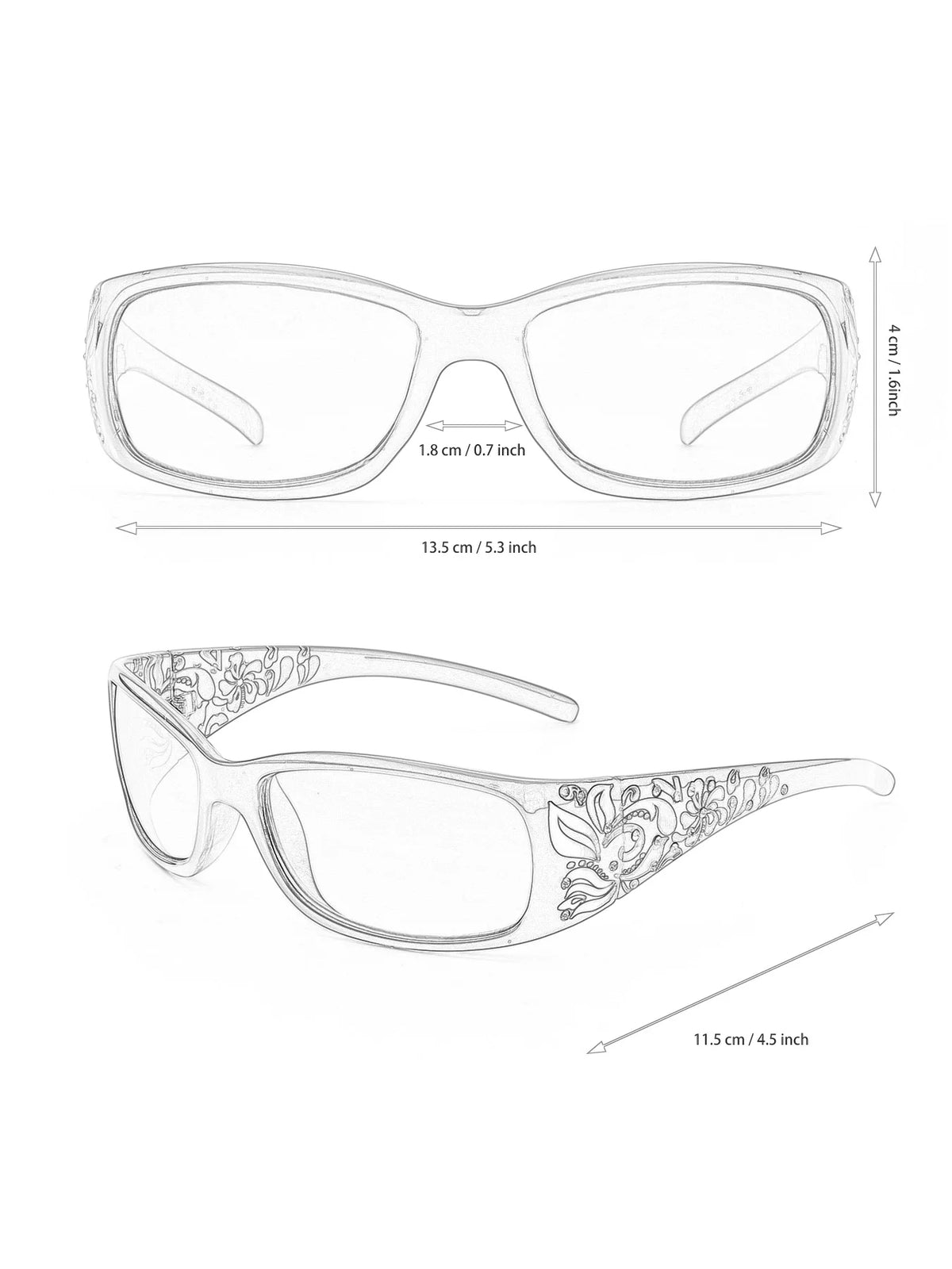 Gafas con marco cuadrado transparente y diseño Y2K, mostradas de frente y de lado.