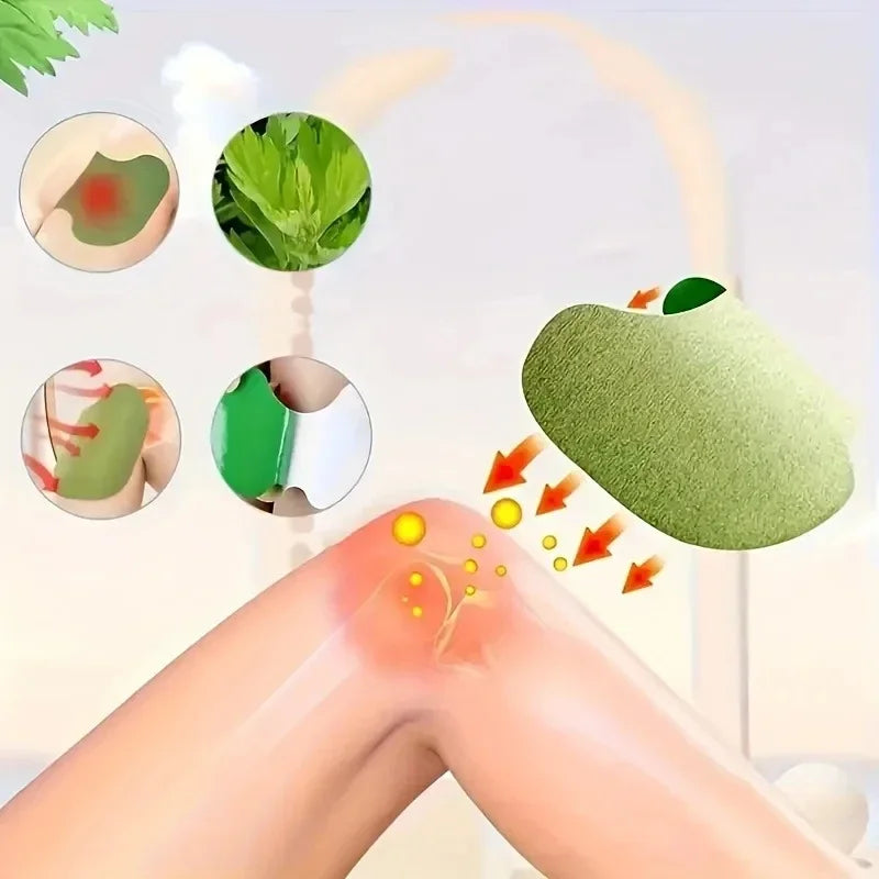 A diagram showing acupuncture heat patches applied to the knee area, illustrating the mechanism of relief.