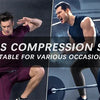 Three men wearing black compression shirts and athletic pants posing in various fitness contexts.