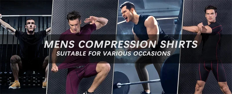 Three men wearing black compression shirts and athletic pants posing in various fitness contexts.