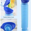 A blue plastic travel artifact shaped like a urinal, shown in various forms including a sealed safety cover and a complete pr