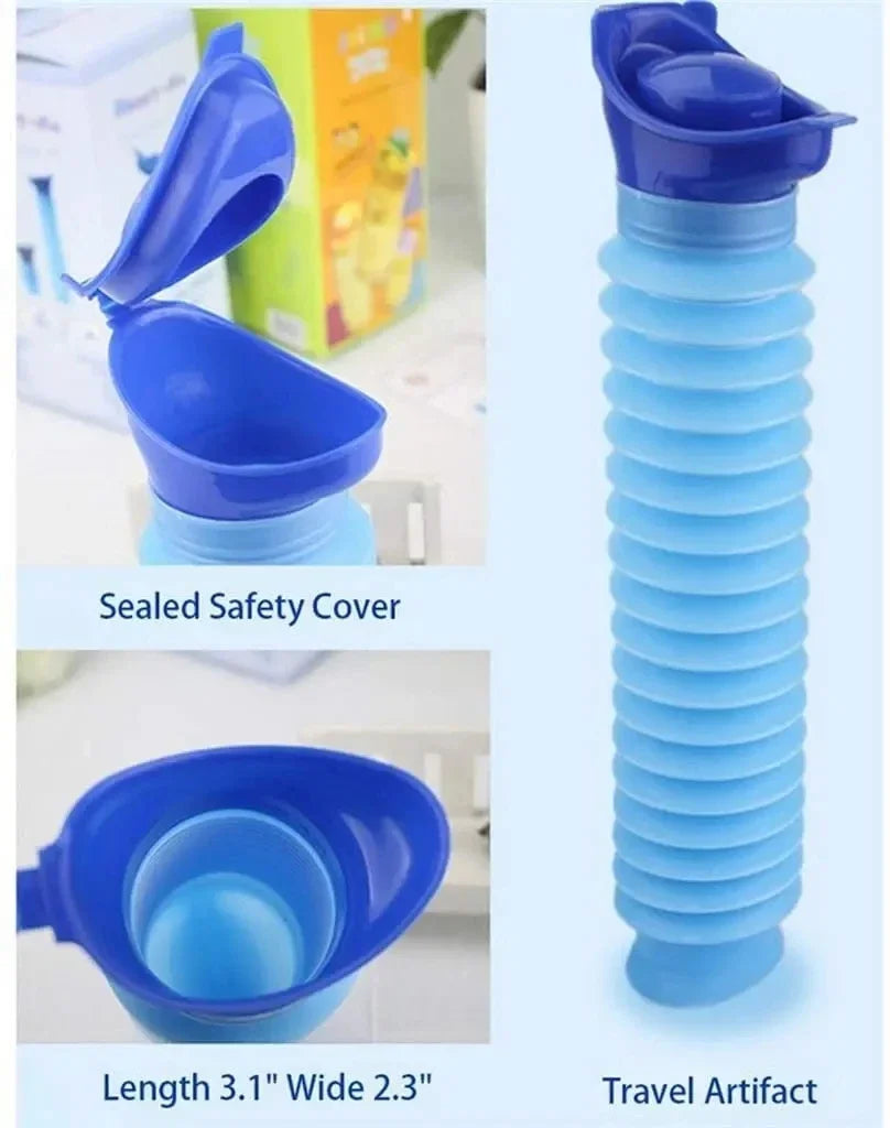 A blue plastic travel artifact shaped like a urinal, shown in various forms including a sealed safety cover and a complete pr