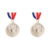 Two gold sports achievement medals hanging from ribbons with red, white, and blue stripes.