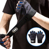 A hand wearing black performance weightlifting grip gloves, shown on an arm against a black shirt.