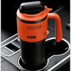 Orange insulated tumbler with a lid designed for one-touch opening, shown in a car context.