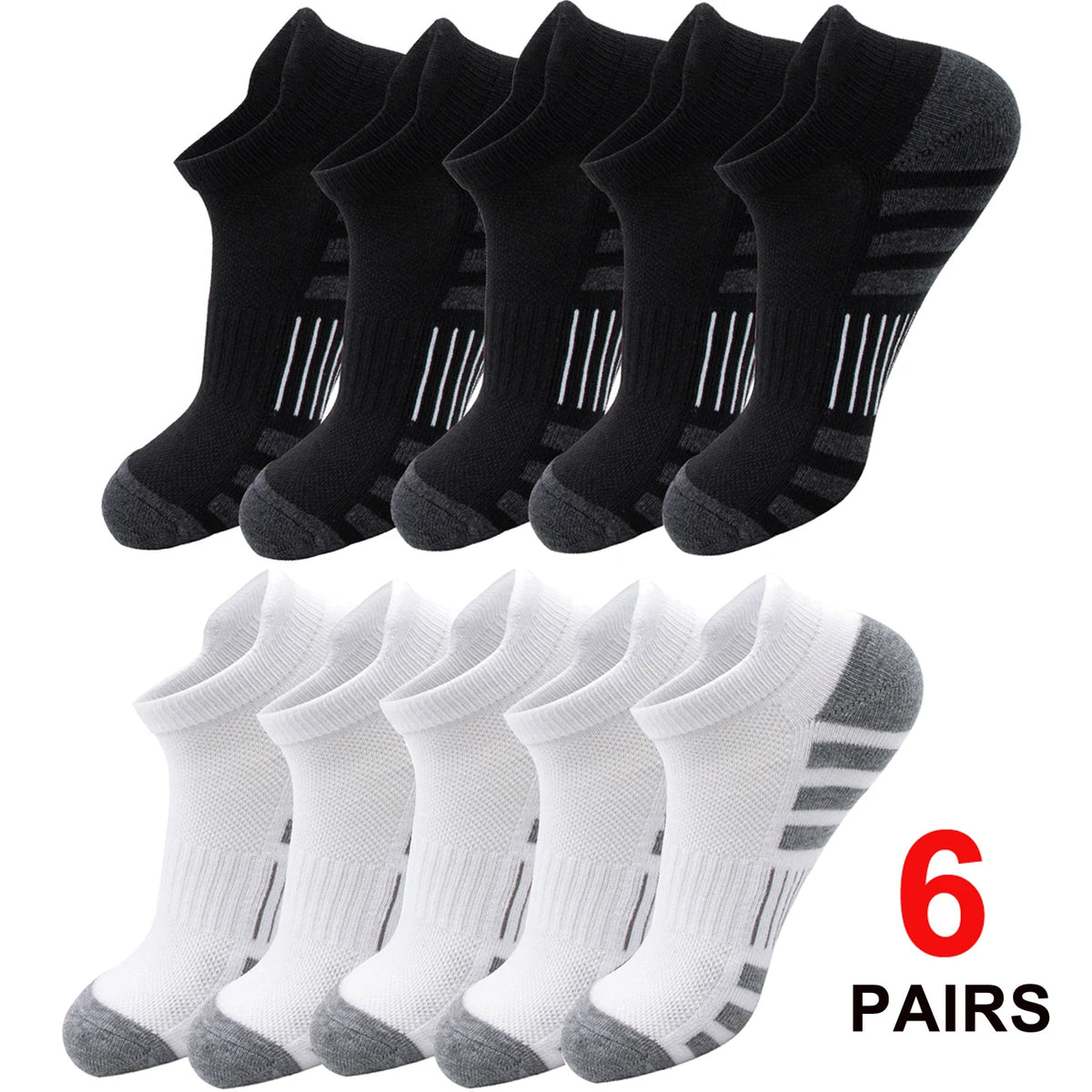Six pairs of black and white athletic running socks for men and women