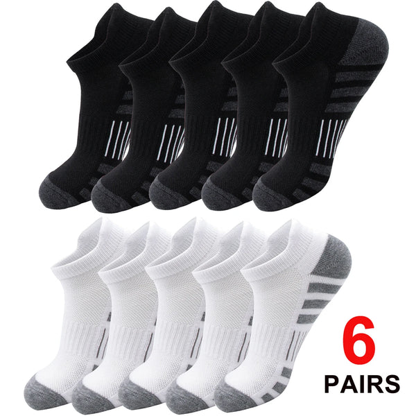 Six pairs of black and white athletic running socks for men and women