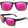 Front view of black sunglasses with vibrant pink lenses shown at a 45-degree angle.