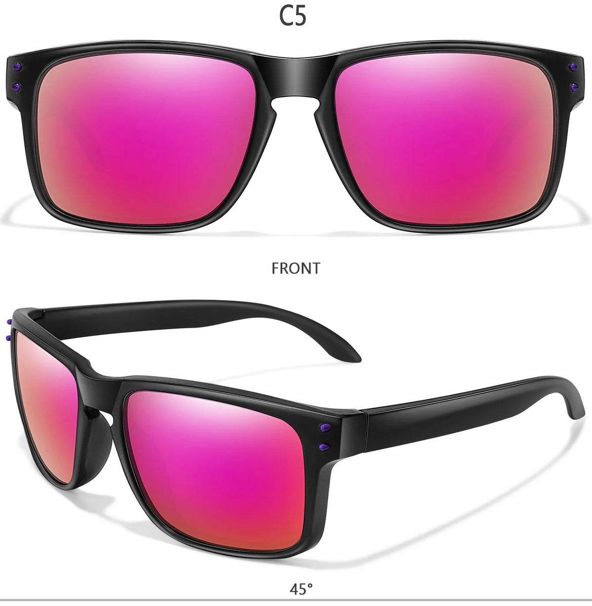 Front view of black sunglasses with vibrant pink lenses shown at a 45-degree angle.