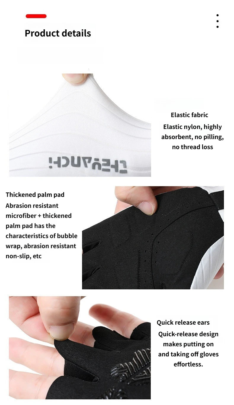 Close-up of black half finger cycling gloves showing elastic fabric, thickened palm pad, and quick release ears.