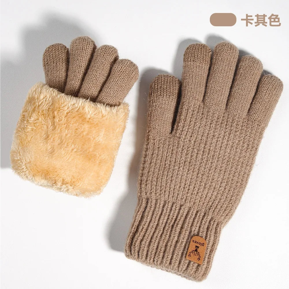A pair of beige knit gloves with a fluffy tan lining shown against a white background.