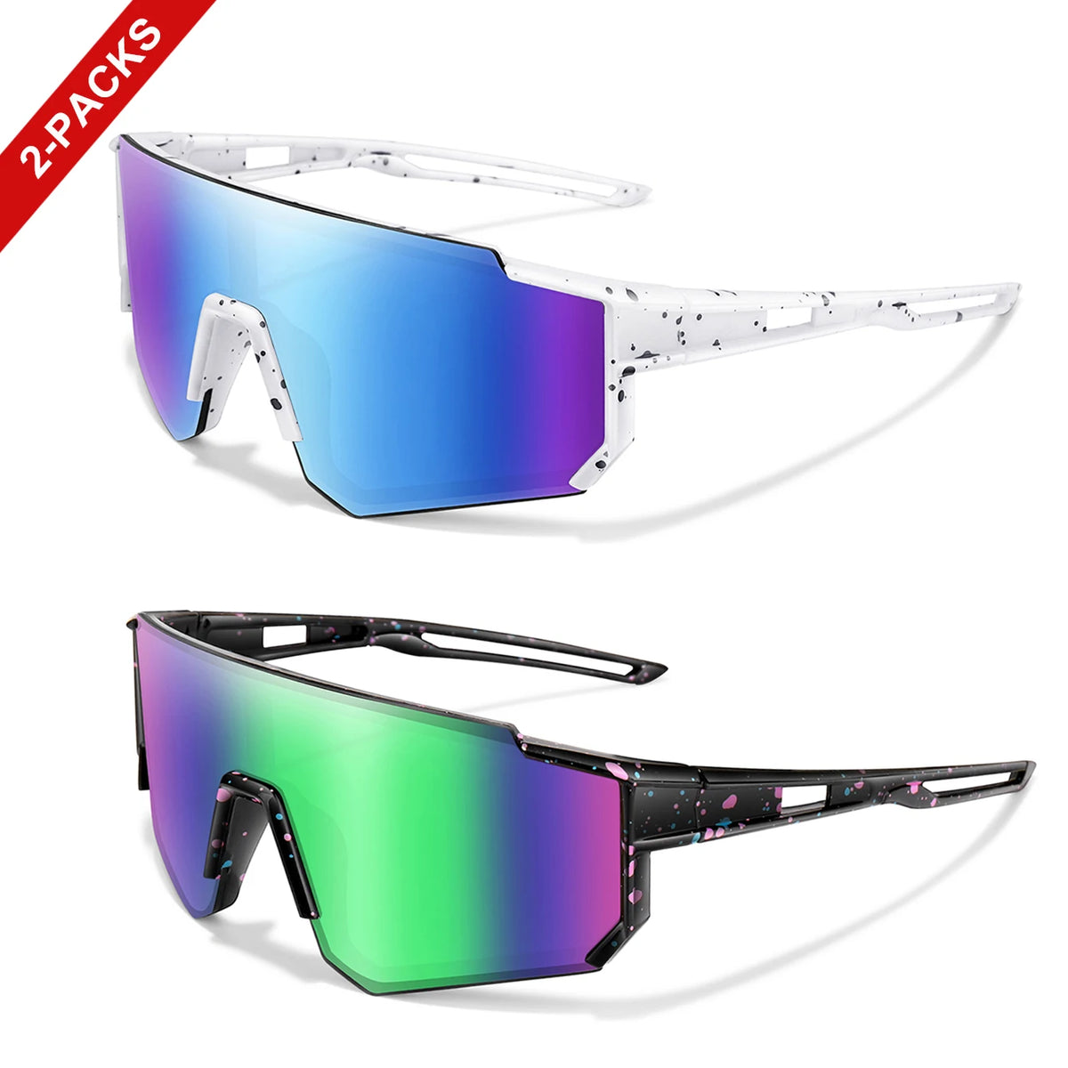 A pair of youth UV400 sunglasses with a square frame shown in two colors, blue/purple and green.