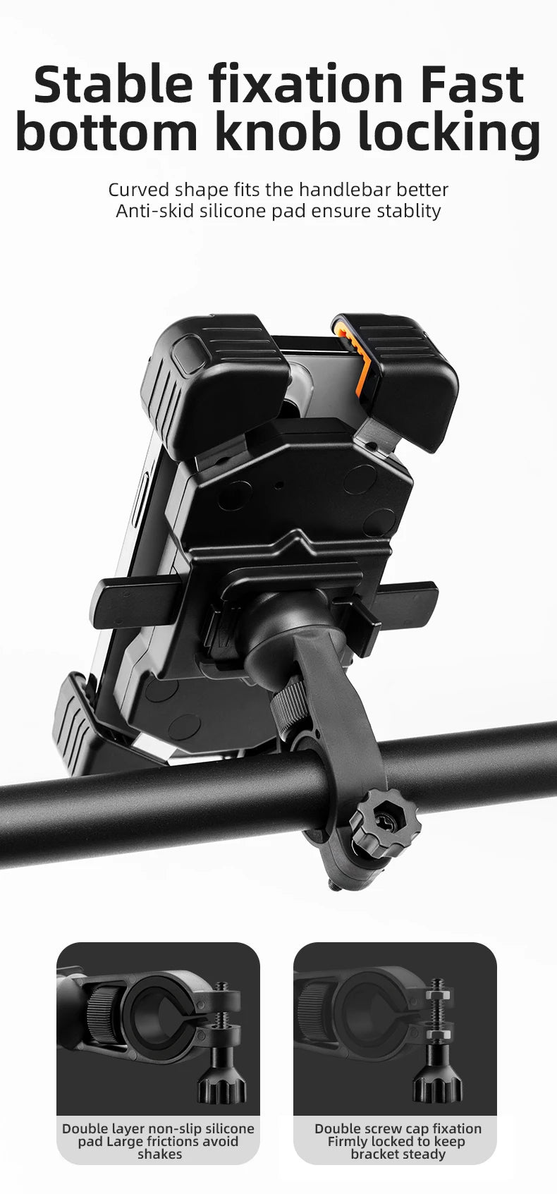 Plaque en silicone noire fixant un téléphone à un guidon de vélo pour une fixation stable