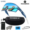 A pair of blue polarized cycling sunglasses with UV400 protection and a matching black storage case.