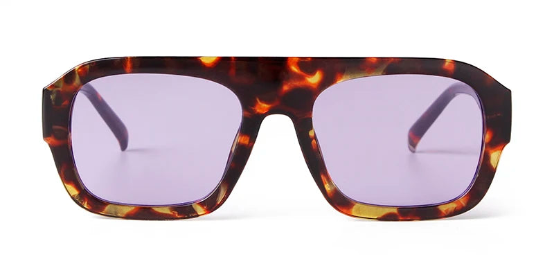 Vintage oversized square sunglasses with a tortoiseshell pattern frame and purple lenses.