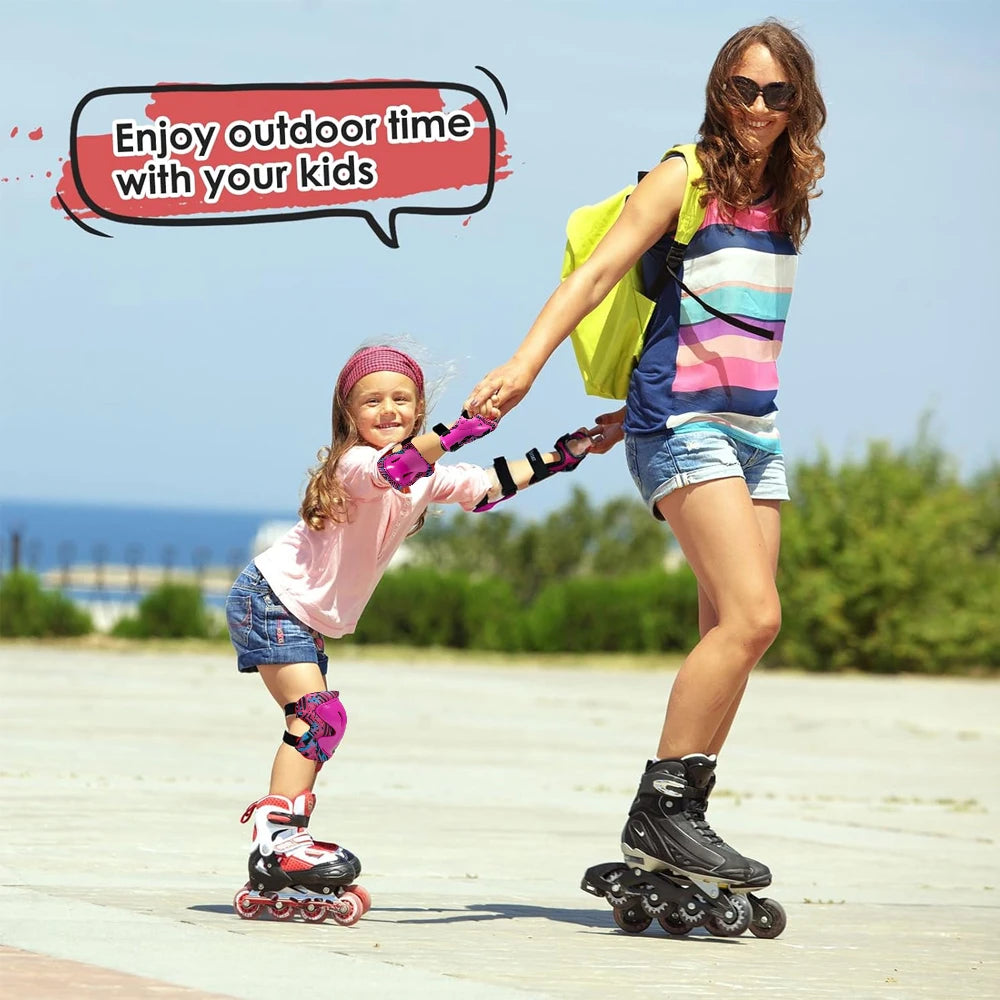 A woman is helping a young girl ride roller skates outdoors on a paved surface.