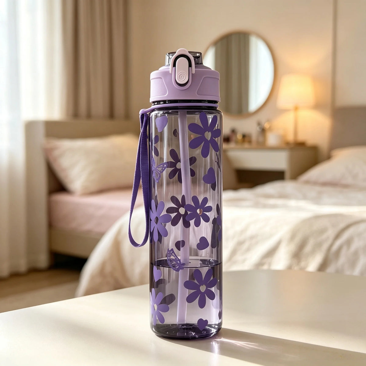 A purple reusable water bottle with a strawberry bow design sits on a white table in a bright bedroom setting.