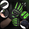 A set of black and neon green motorcycle riding gloves showing various views including a hand and full glove detail.