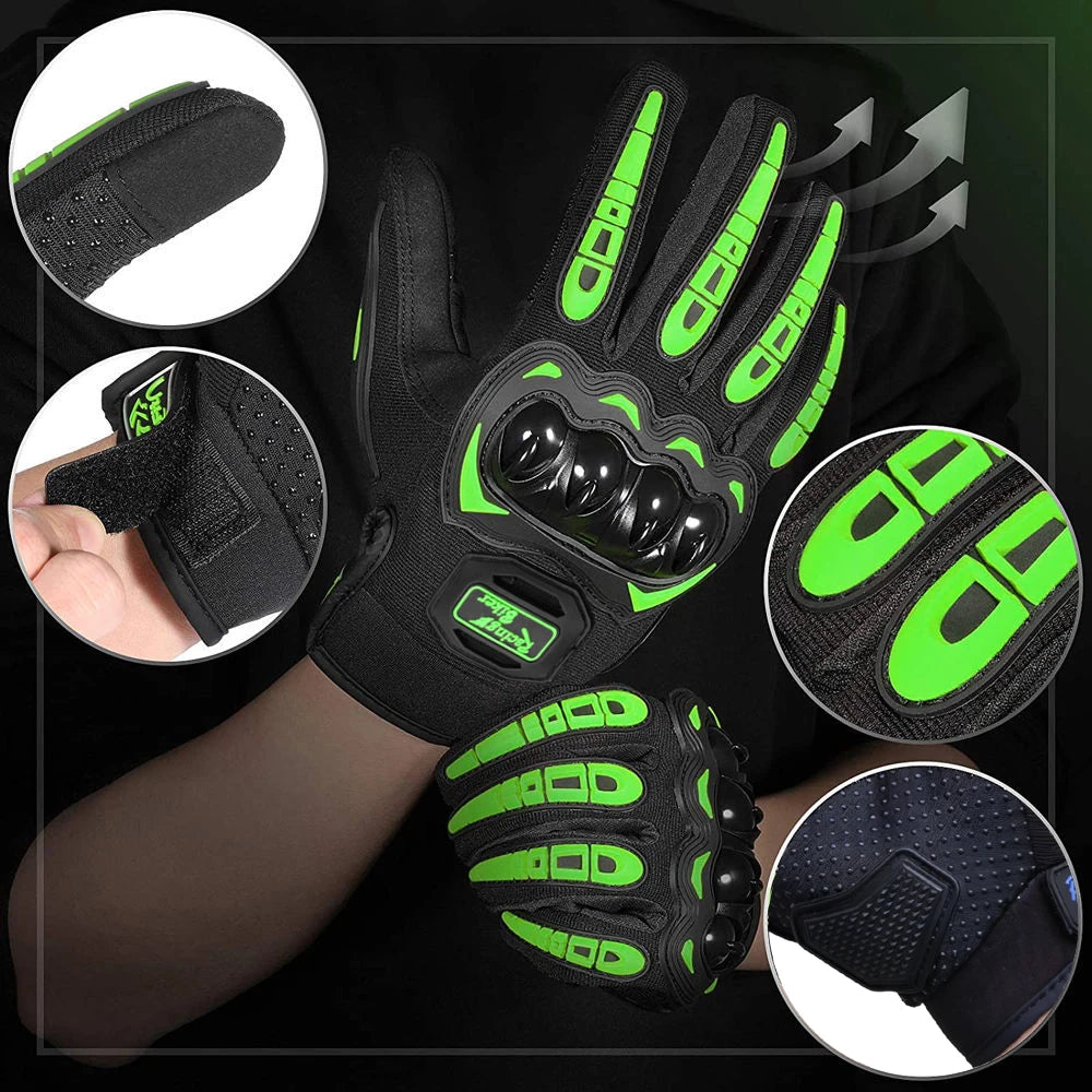 A set of black and neon green motorcycle riding gloves showing various views including a hand and full glove detail.