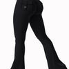 Black high stretch women's yoga leggings shown from the side view
