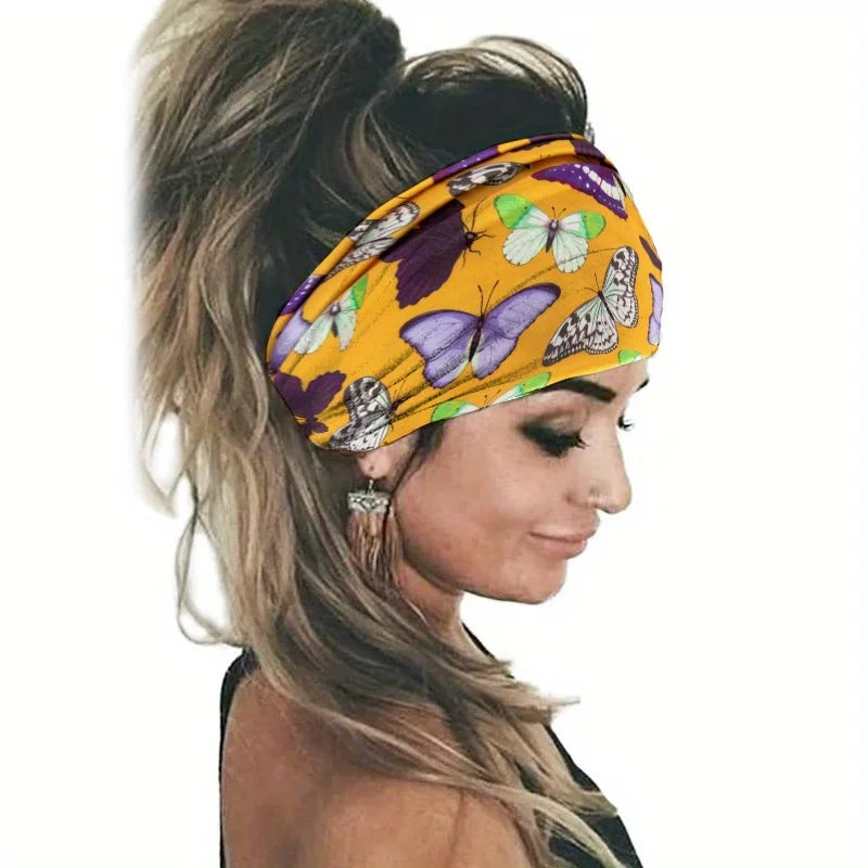 A close-up of a woman wearing a yellow floral butterfly patterned headband in her hair.