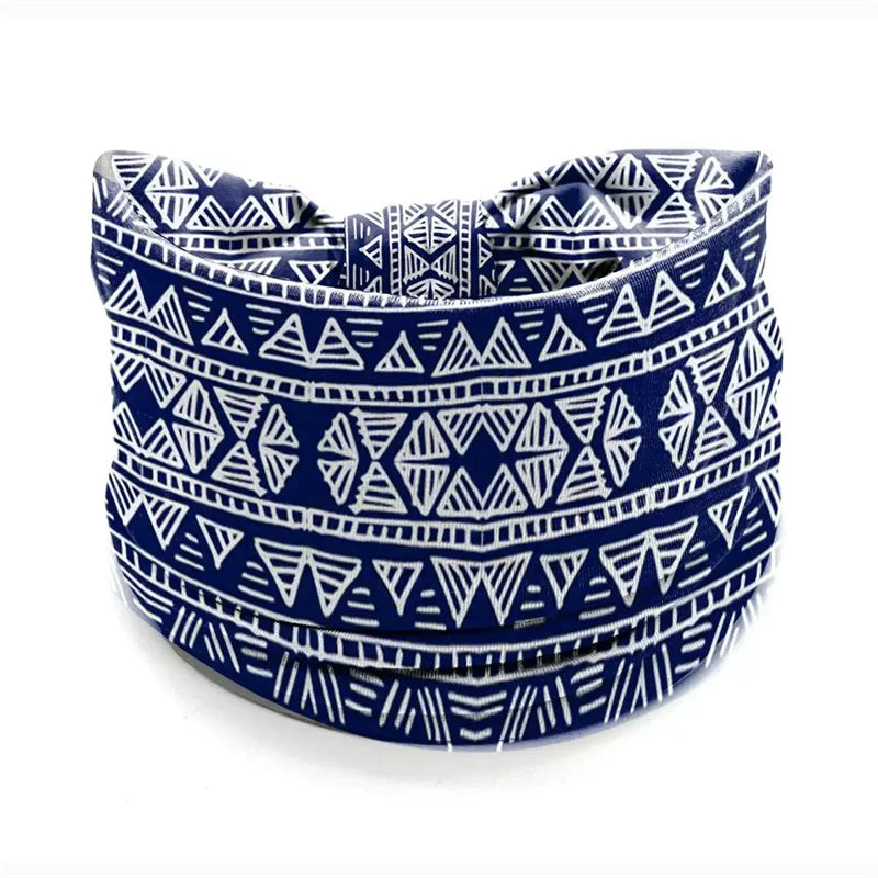 Navy blue and white patterned stretch cotton headband