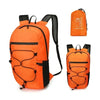 Orange waterproof hiking backpack shown in a full view and a separate folded view.