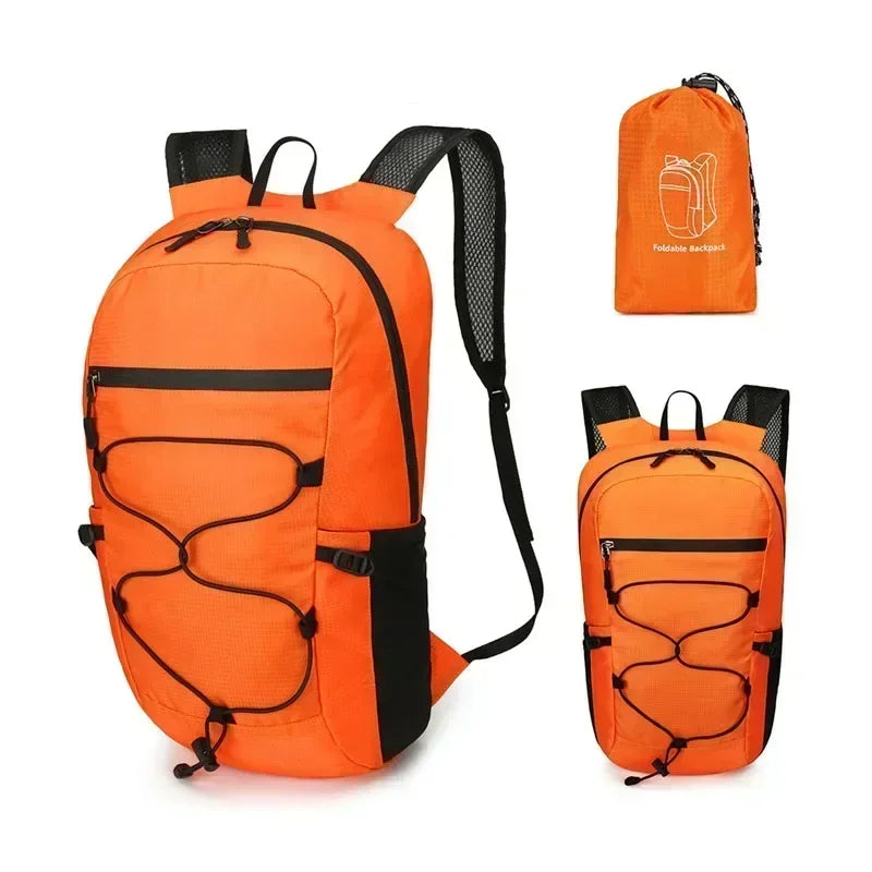 Orange waterproof hiking backpack shown in a full view and a separate folded view.