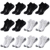 A collection of black and gray athletic running socks for men and women shown from various angles.
