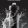 A black sports water bottle is shown with water splashing, emphasizing healthy materials for drinking.