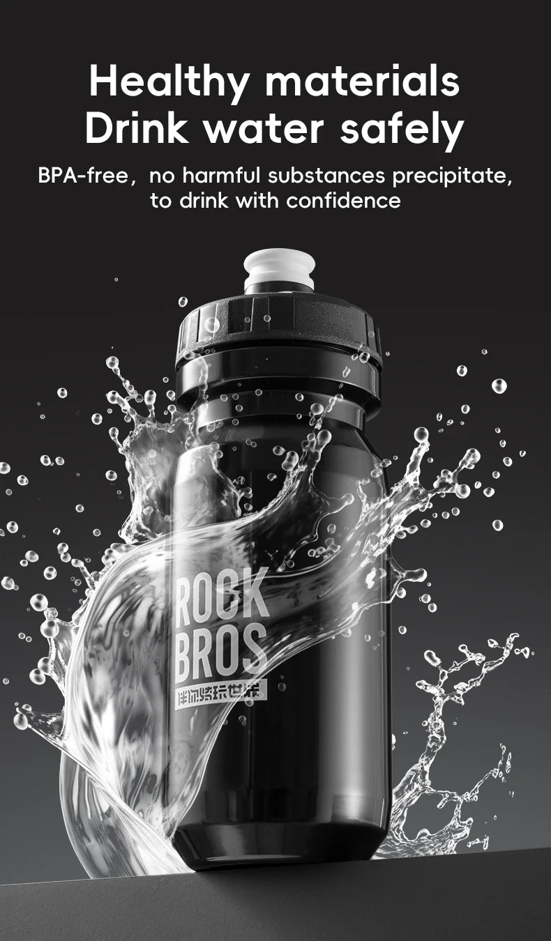 A black sports water bottle is shown with water splashing, emphasizing healthy materials for drinking.