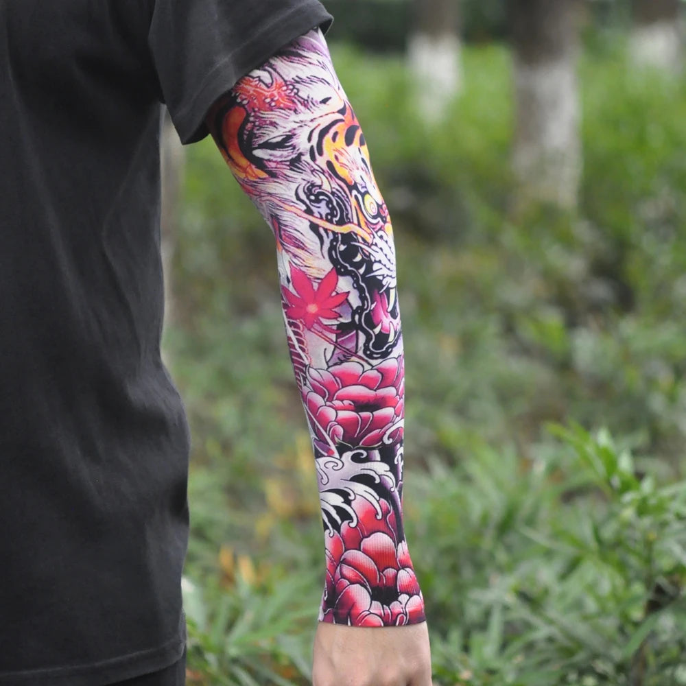Close-up of a person wearing vibrant, colorful ice silk tattoo sleeves on their arm.