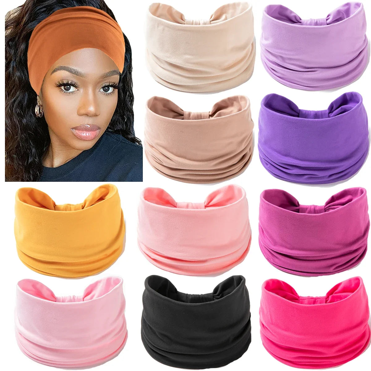 A collection of various colored boho wide headband hair wraps for women shown in different shades like orange, pink, purple, 