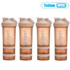 Four yellow 3-layer protein shaker bottles with handles shown side by side.