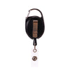 Black retractable ID badge reel keychain with a gold-colored pull tab and keyring.